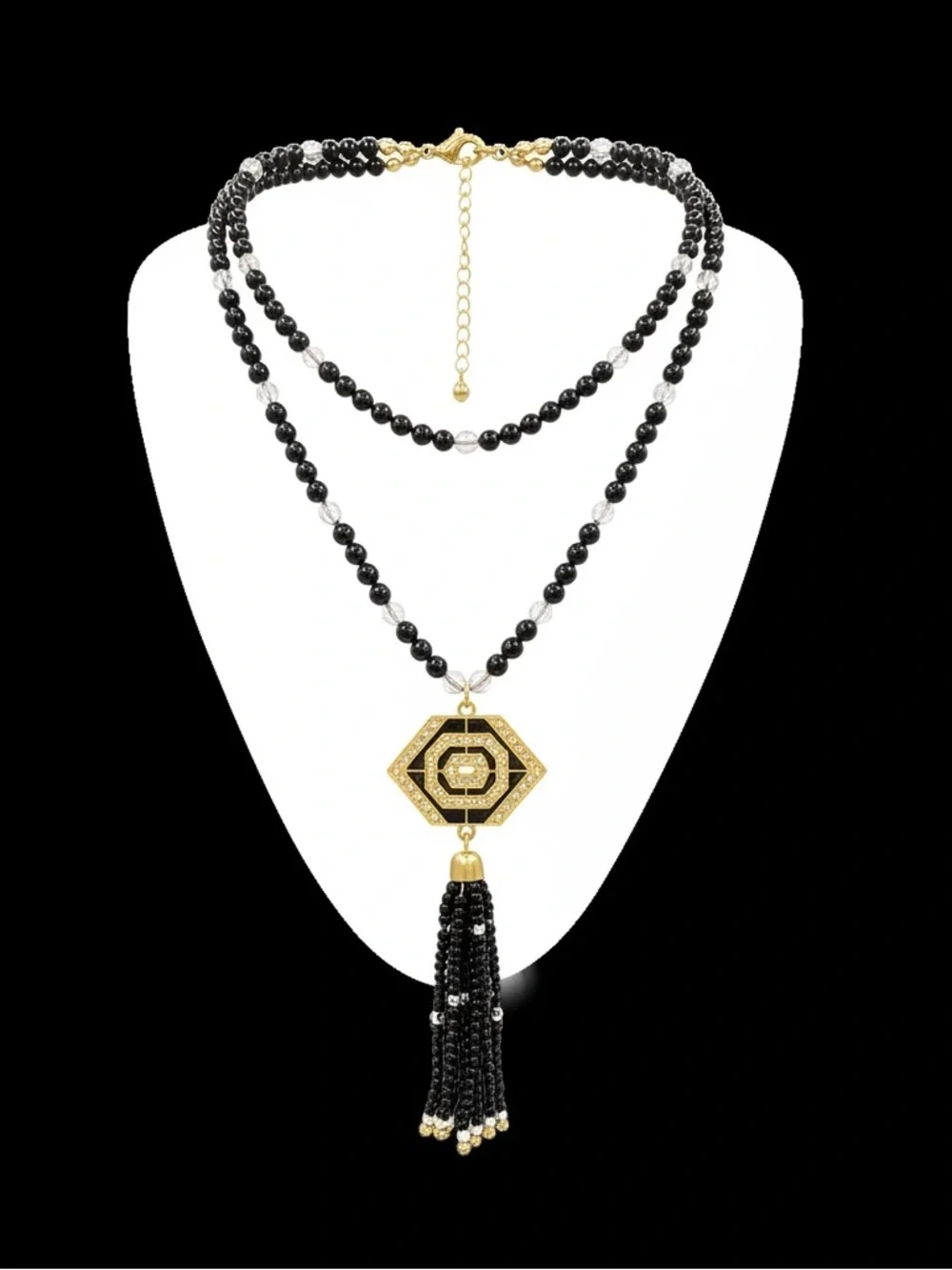 5/25 Avon Vintage Paula Abdul Gold & Black Beaded Necklace with Tassel Pendant